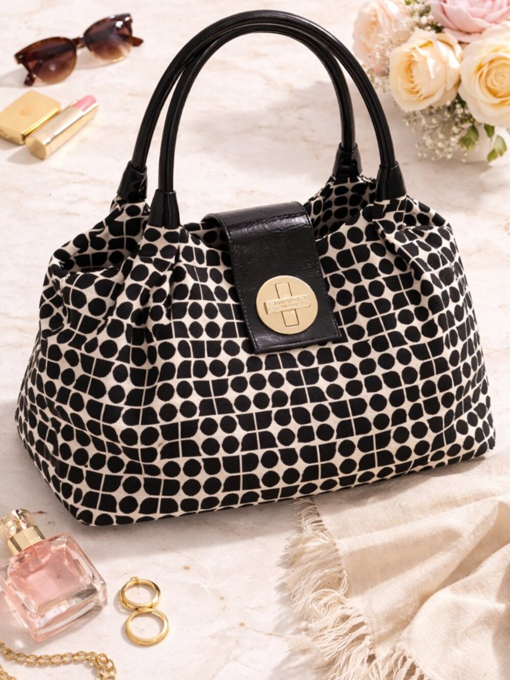 Kate Spade Black White Printed Satchel Bag Patent Leather Handle